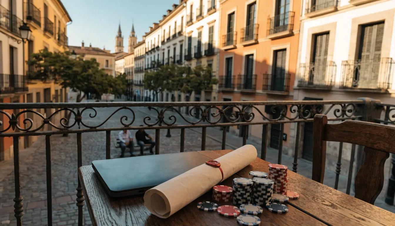 Balcón de café español con laptop cerrado y fichas de juego, vista a plaza histórica bajo luz cálida.