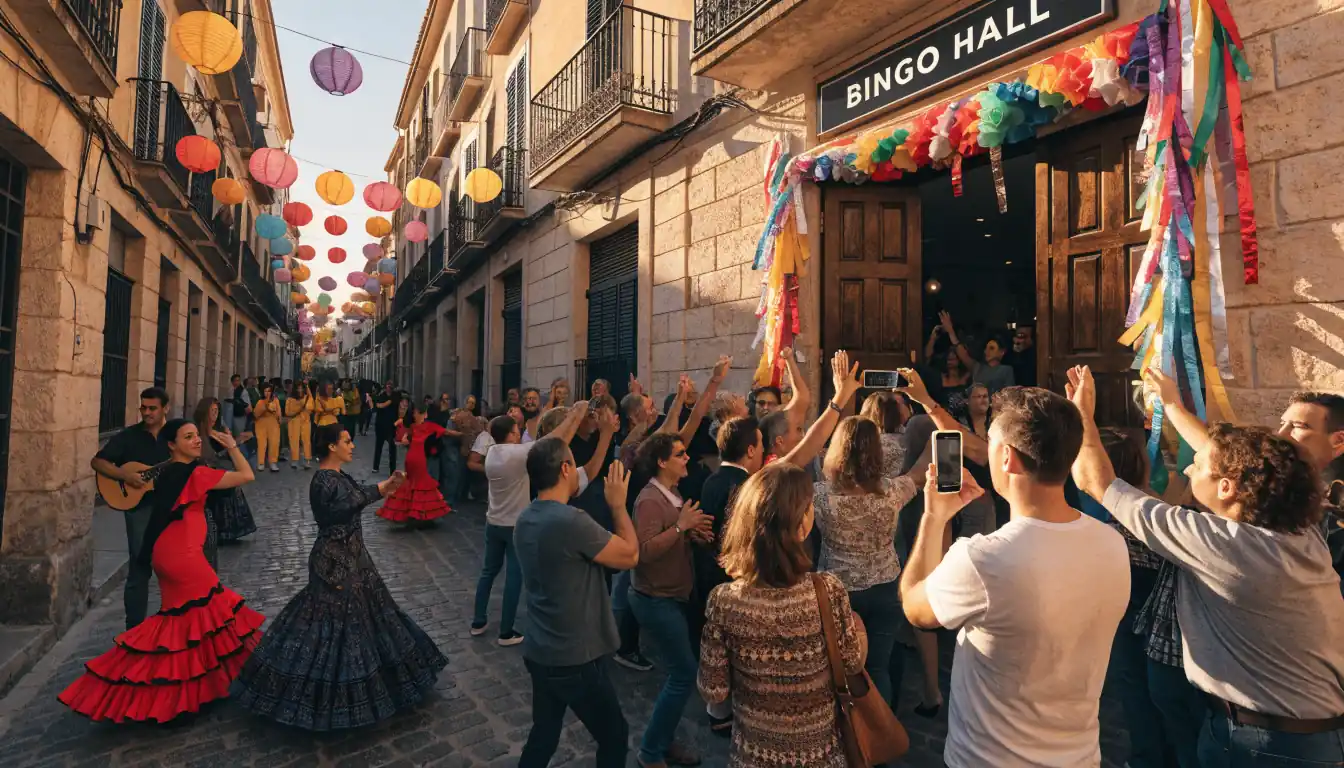 Escena de carnaval español con luces y baile, señal de bingo festivo.