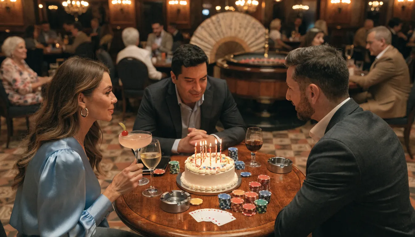 Celebración de cumpleaños con pastel, fichas y ruleta en un casino español.