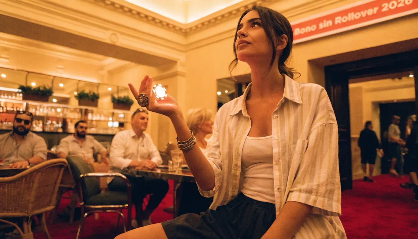 Mujer sosteniendo ficha de casino, ambiente elegante y luminoso.