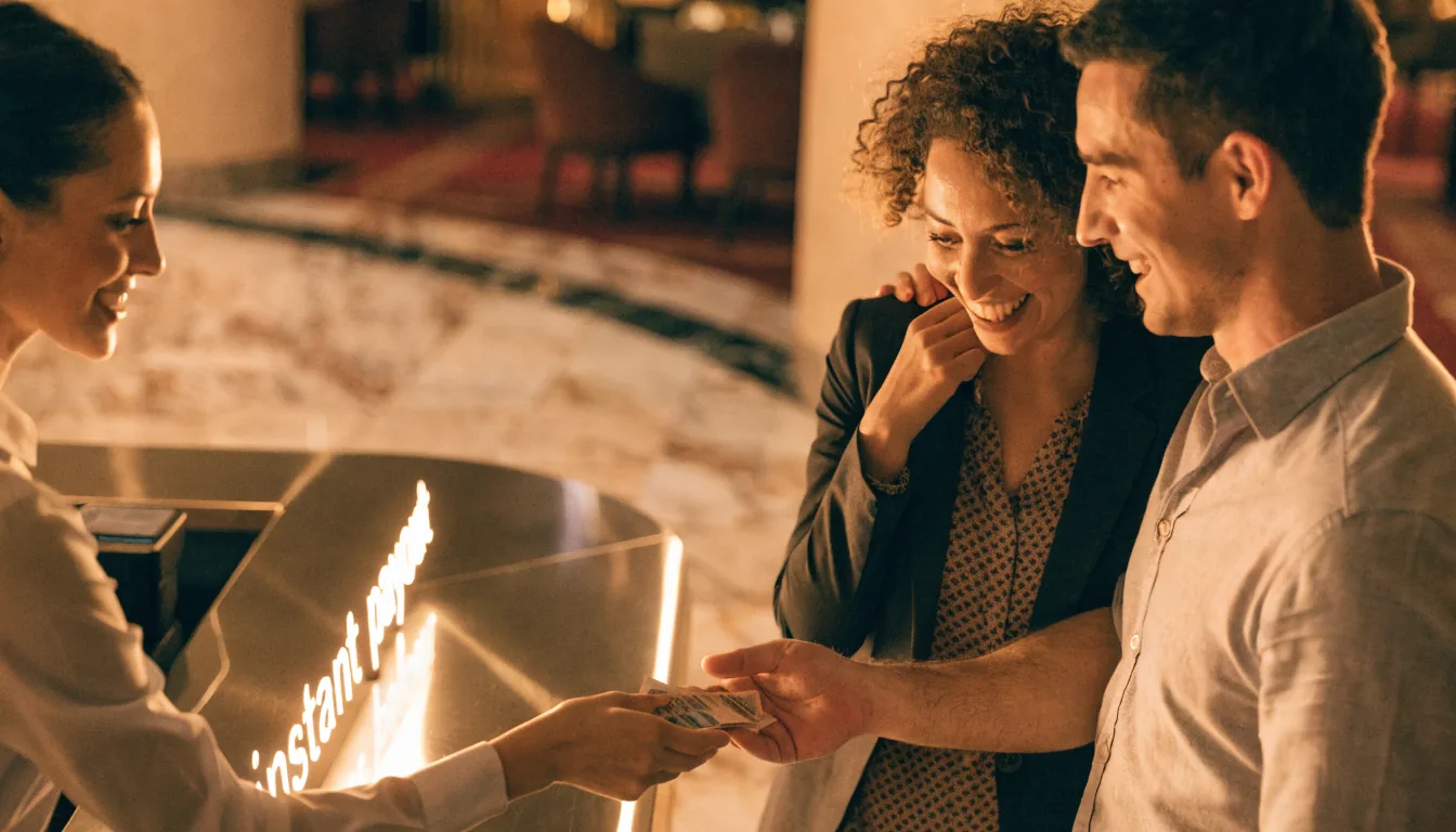 Pareja feliz recibiendo pago inmediato en casino español.