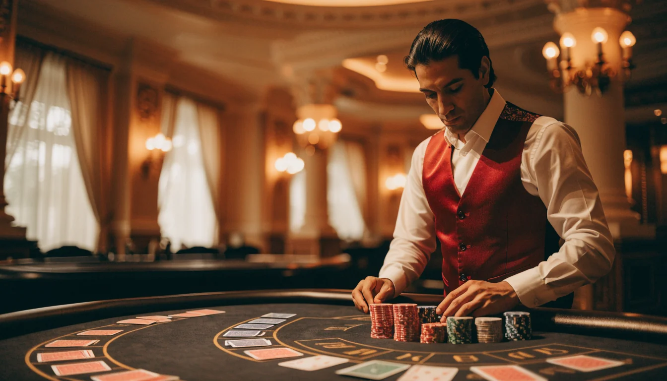 Dealer en vivo en un casino elegante con fichas y cartas, iluminación cálida.