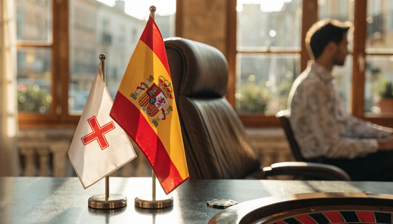Foto realista de oficina mediterránea con banderas de Malta y España.
