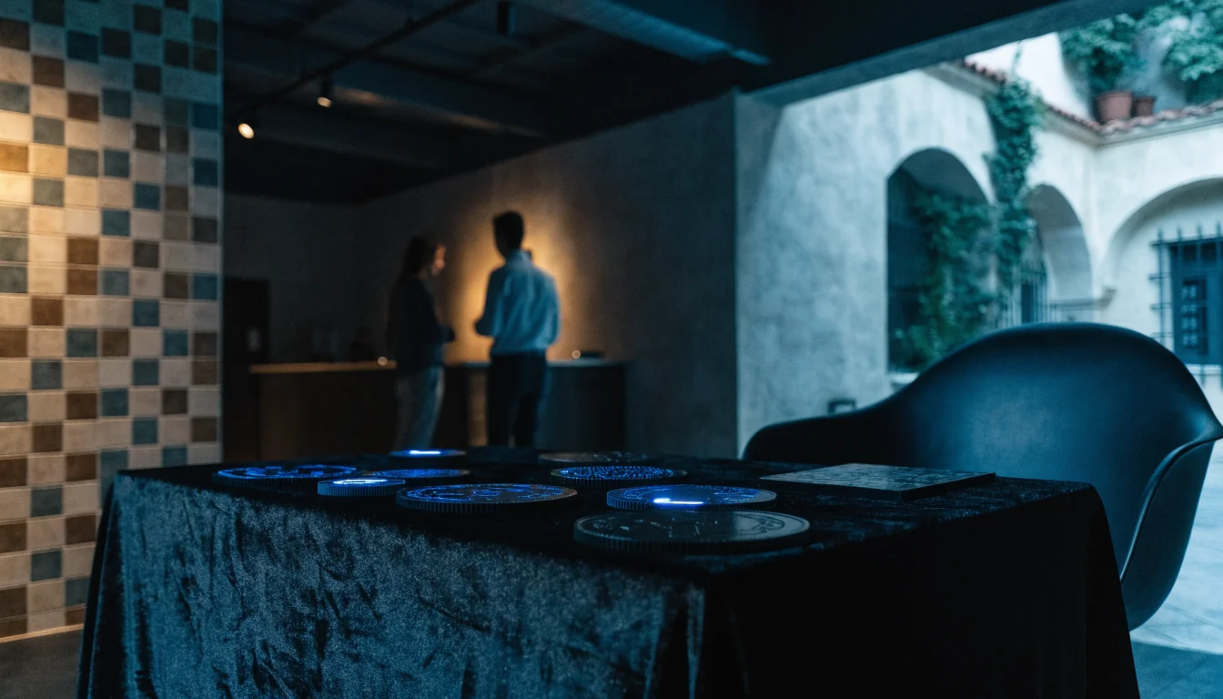 Foto realista de una sala de casino misteriosa con símbolos de criptomonedas.