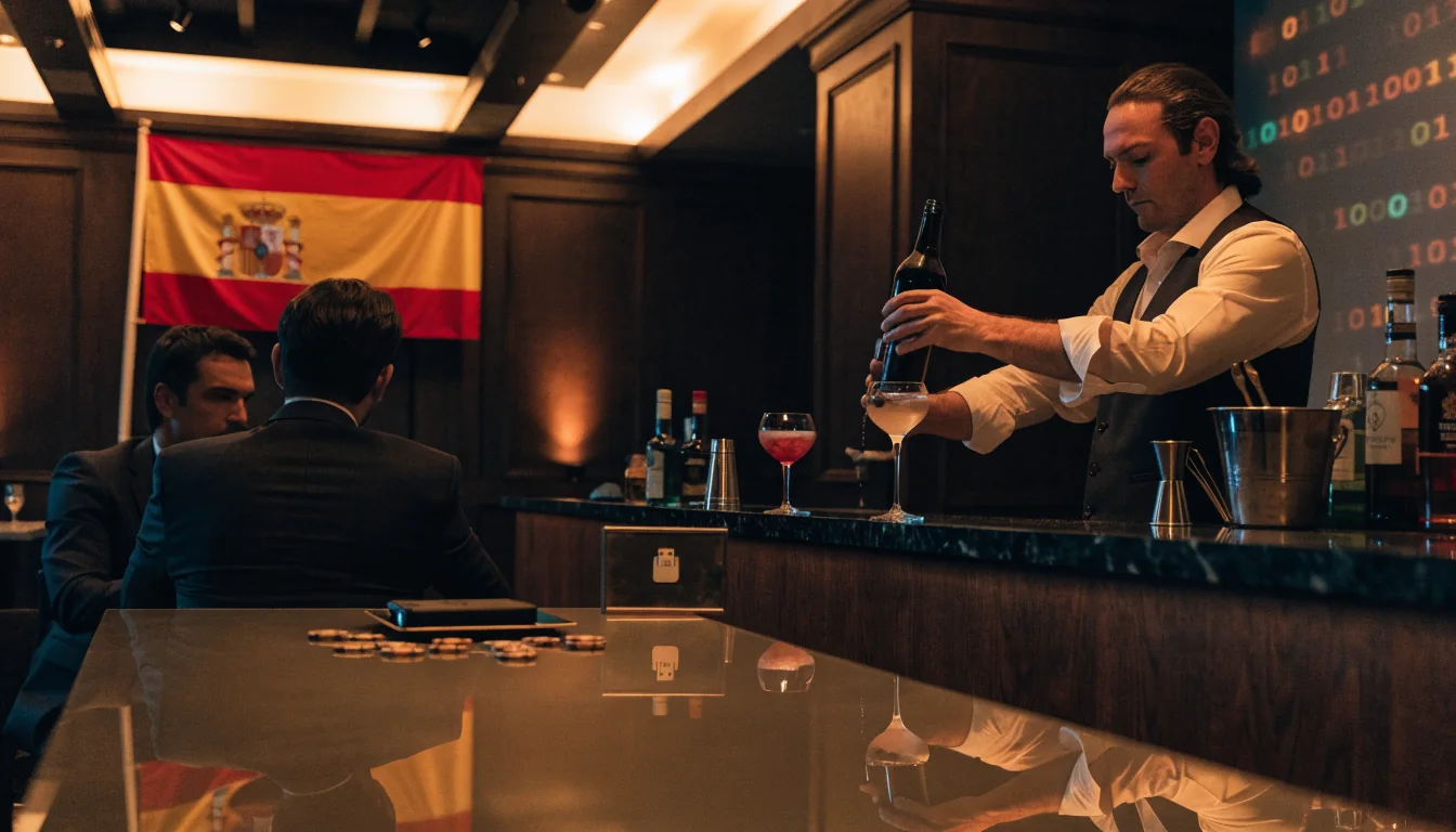 Lounge de casino español con fichas y símbolo de criptomoneda bajo luz cálida