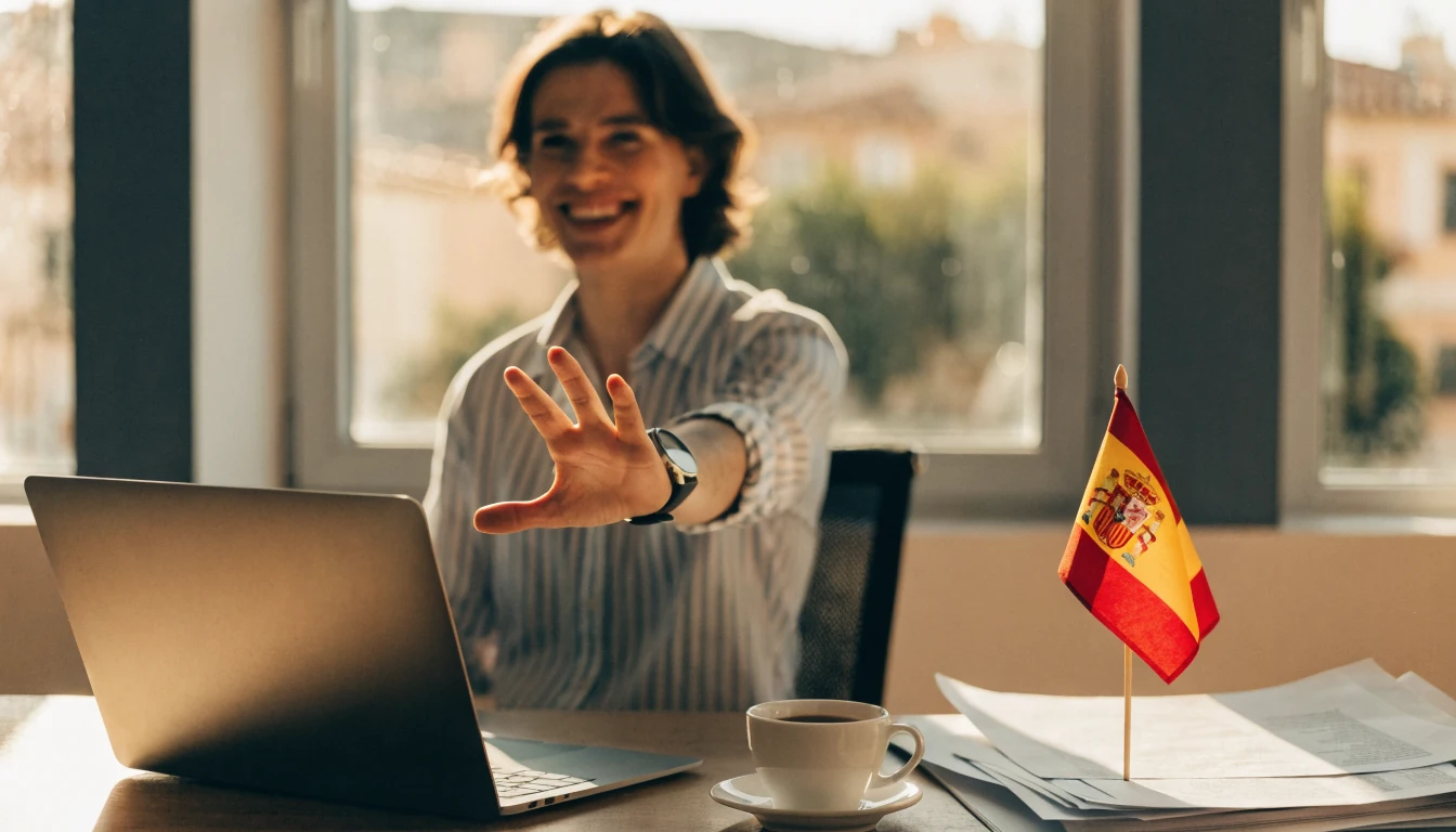 Escena de soporte al cliente español, oficina luminosa.