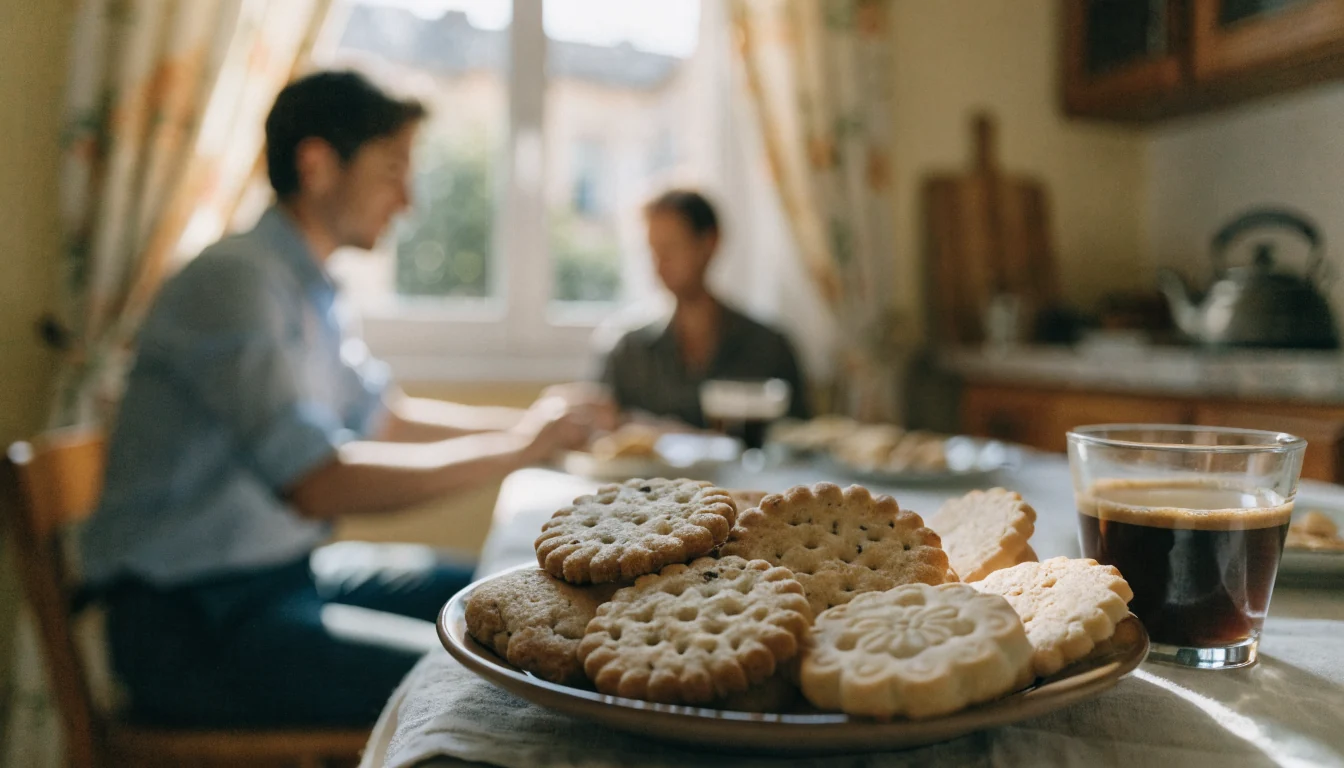 Mesa española con galletas y café bajo luz natural