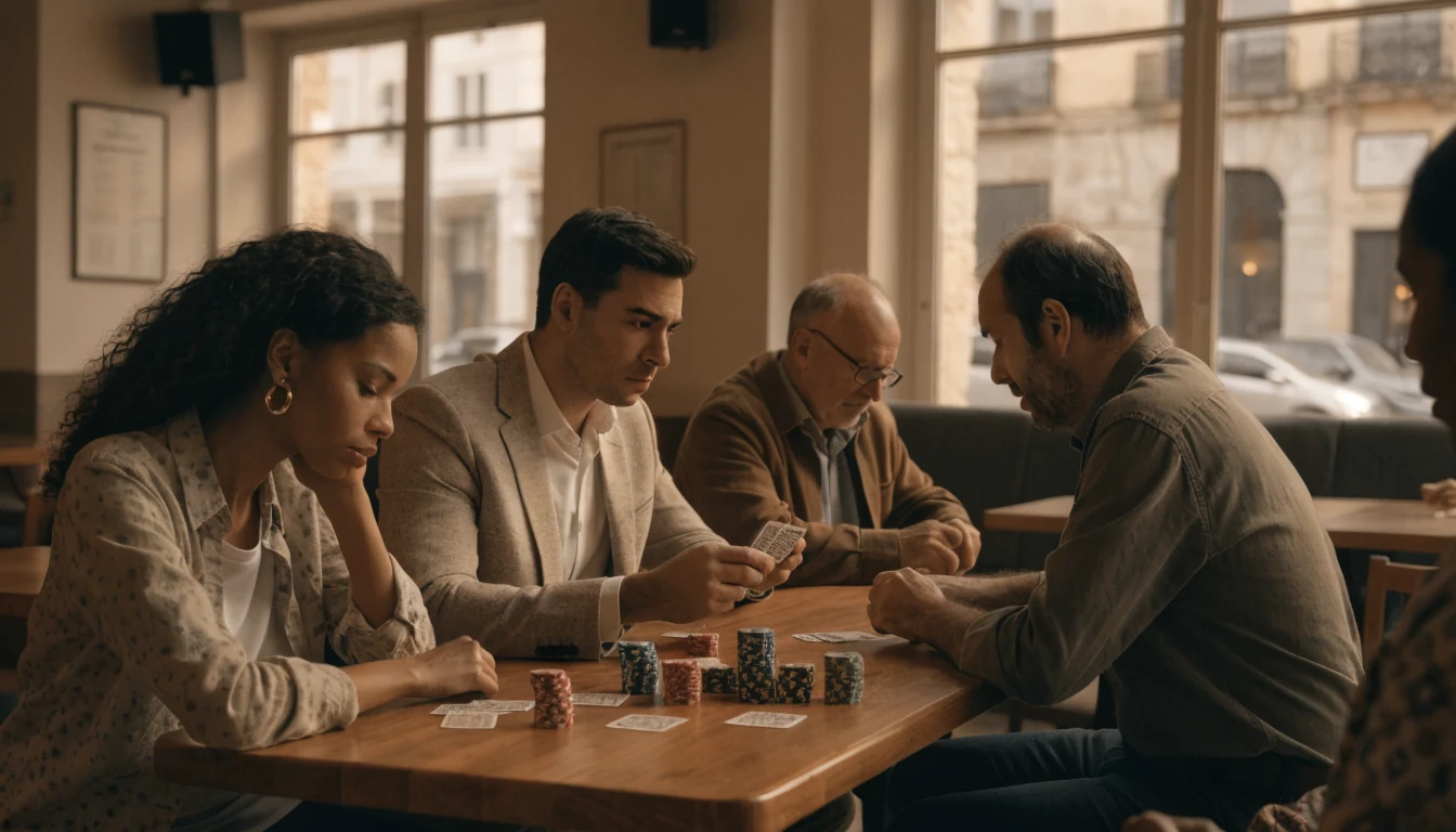 Personas jugando responsablemente en un café español al atardecer