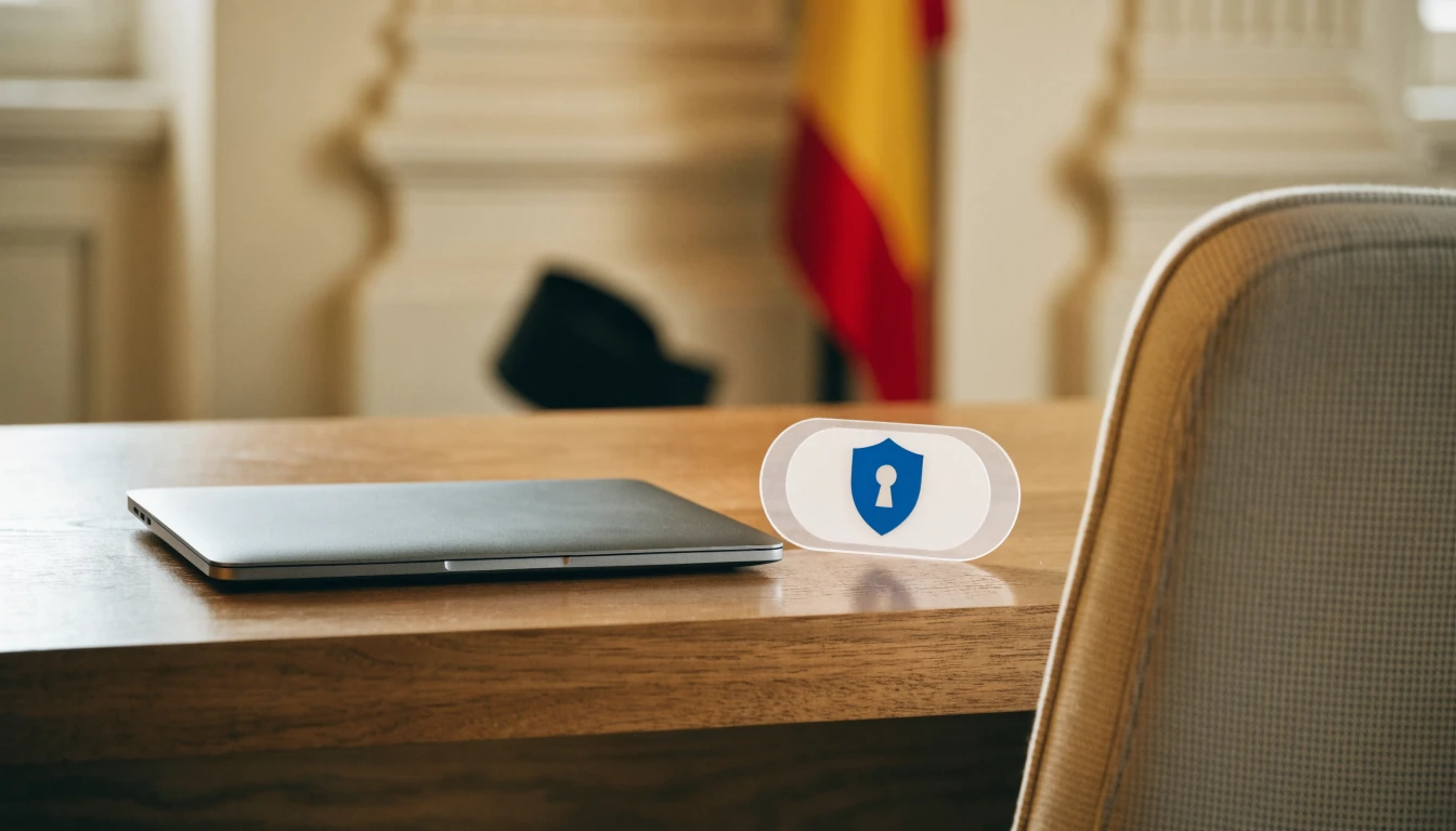 Fotografía realista de una oficina española que transmite privacidad y cumplimiento de datos.