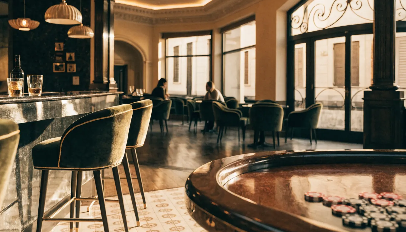 Lujoso salón de casino español con luces doradas y fichas.