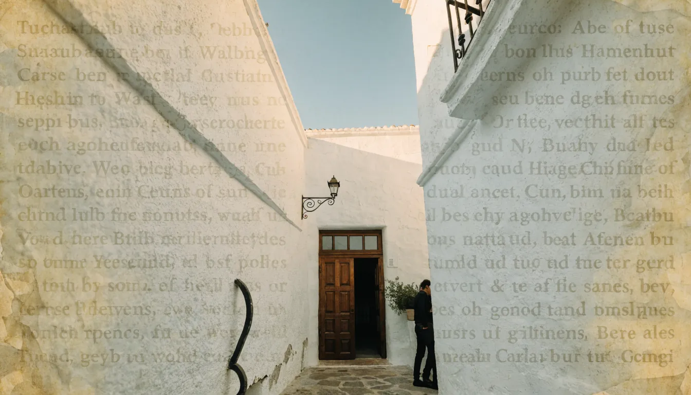 Patio español iluminado con luz cálida y puerta abierta.
