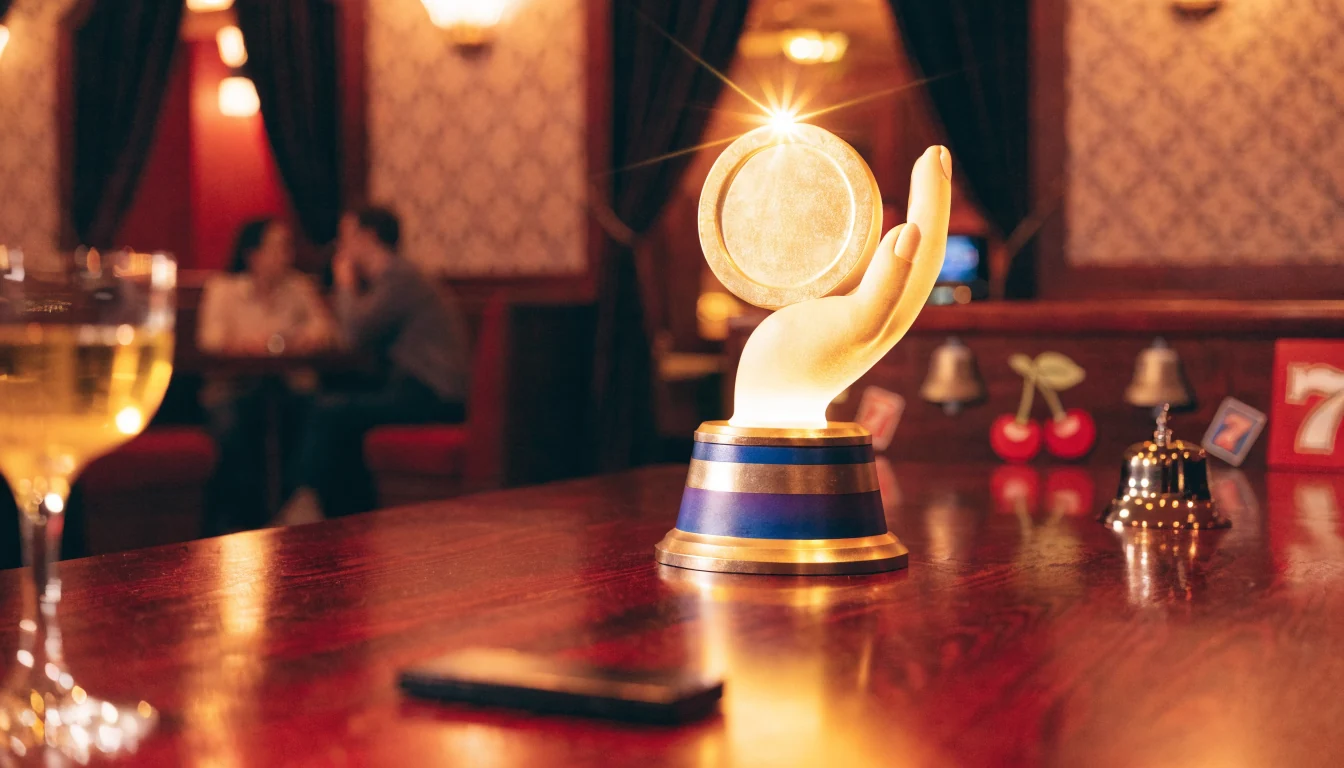 Foto realista de un salón de casino español con trofeo de jackpot brillante